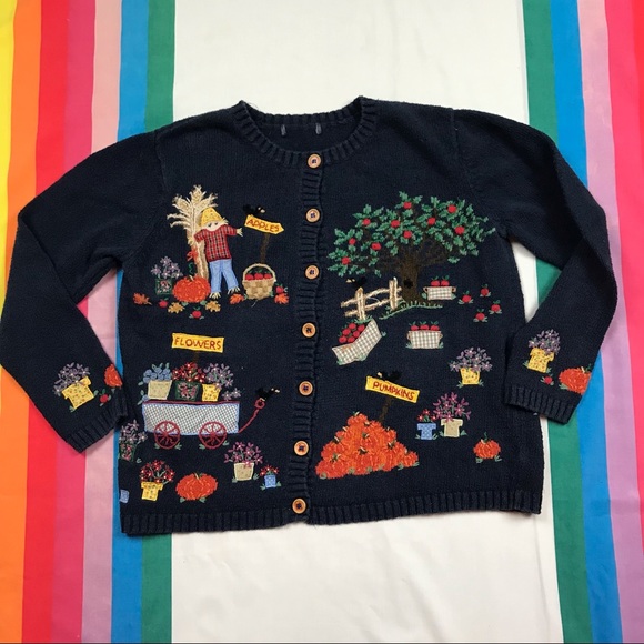 Vintage 90s Embroidered Long Sleeve Cardigan Fall Autumn Pumpkins - Picture 1 of 6